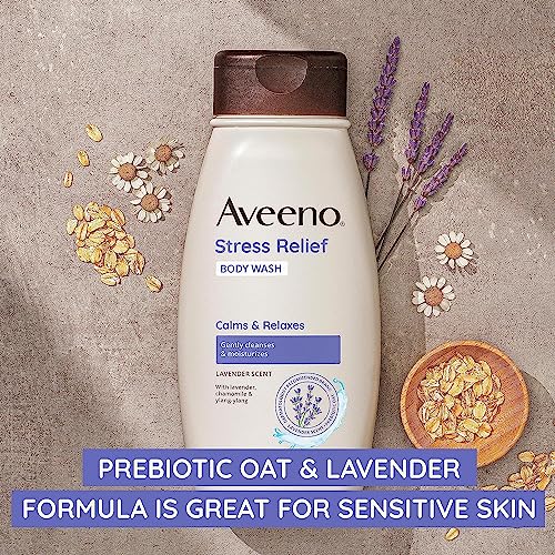Aveeno Stress Relief Body Wash with Nourishing Oat & Lavender Scent for Sensitive Skin, Gently Cleanses & Helps You Feel Calm & Relaxed in the Shower, Soap-Free, 18 fl. oz
